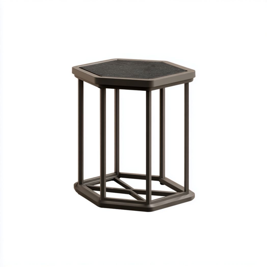 Table d’appoint hexagonale avec plateau noir et structure métallique