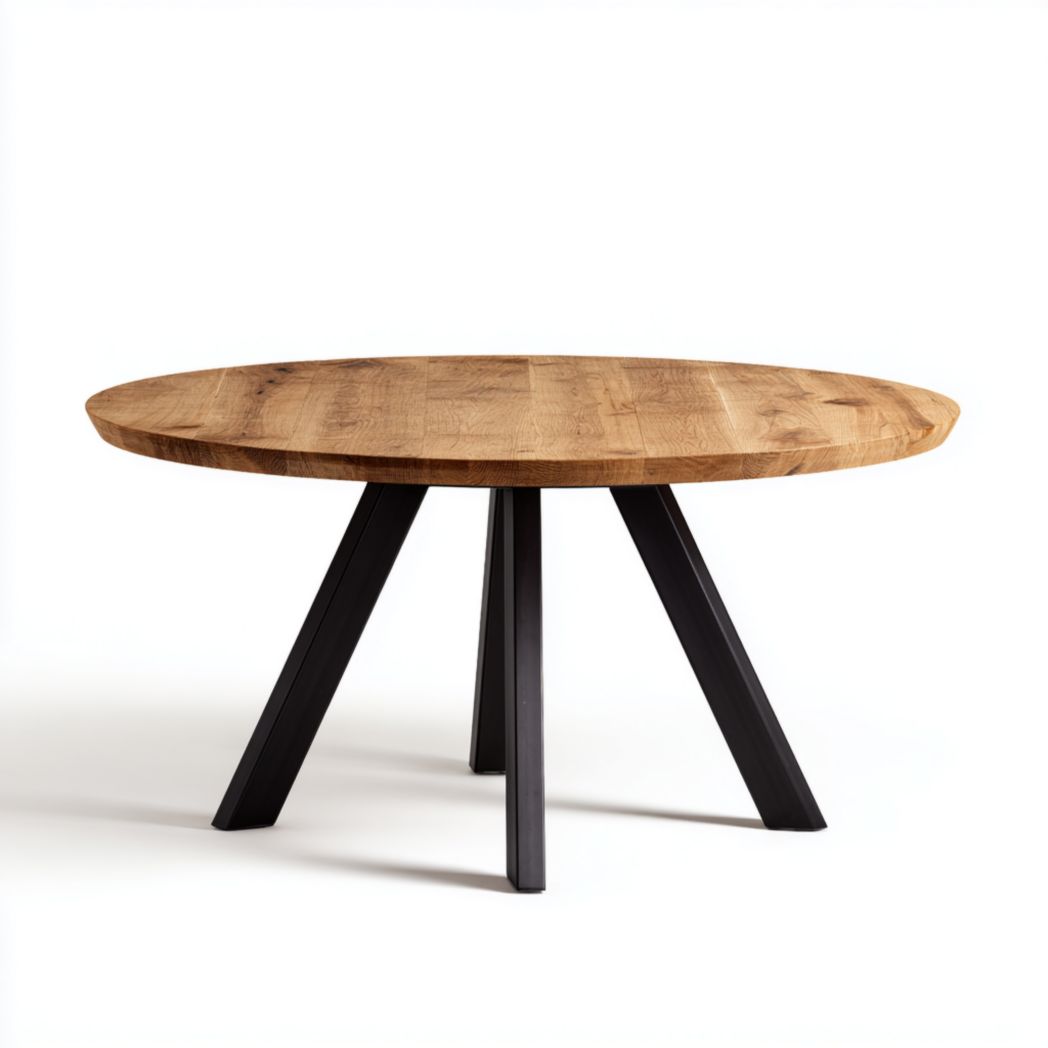 Table à manger ronde plateau bois pieds métal noir