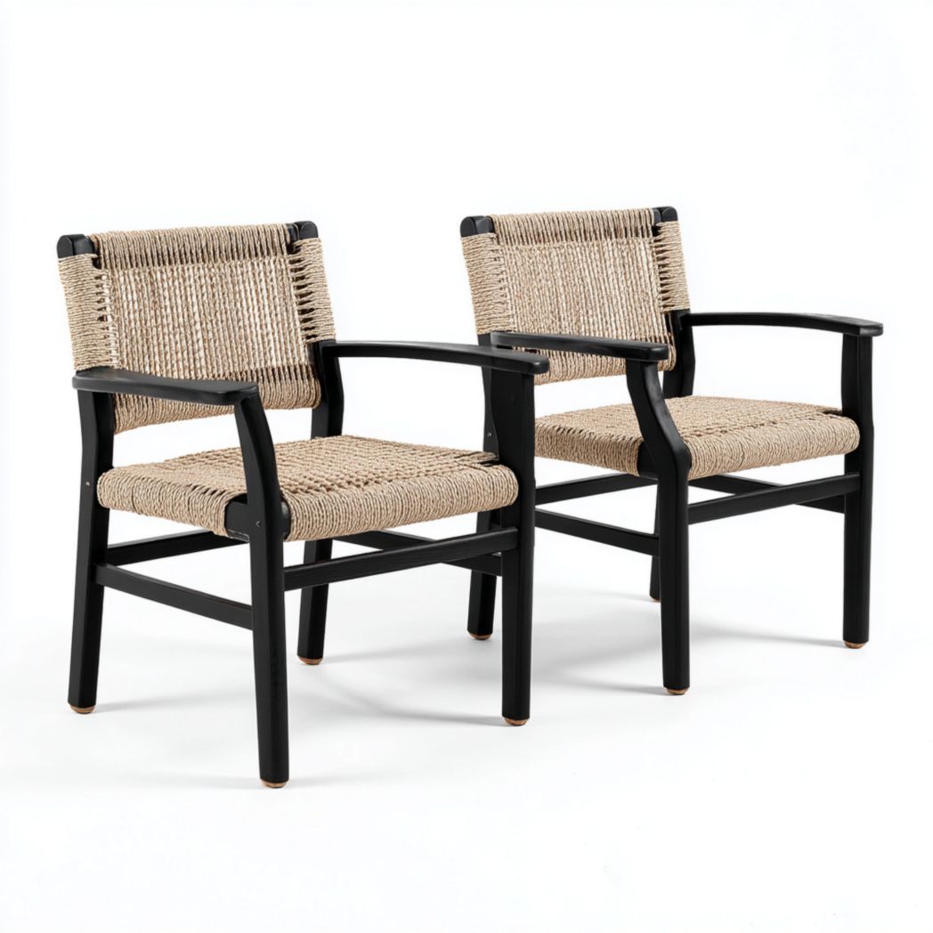 Lot de deux fauteuils de jardin structure noire et assise dossier tressés beige sans coussins