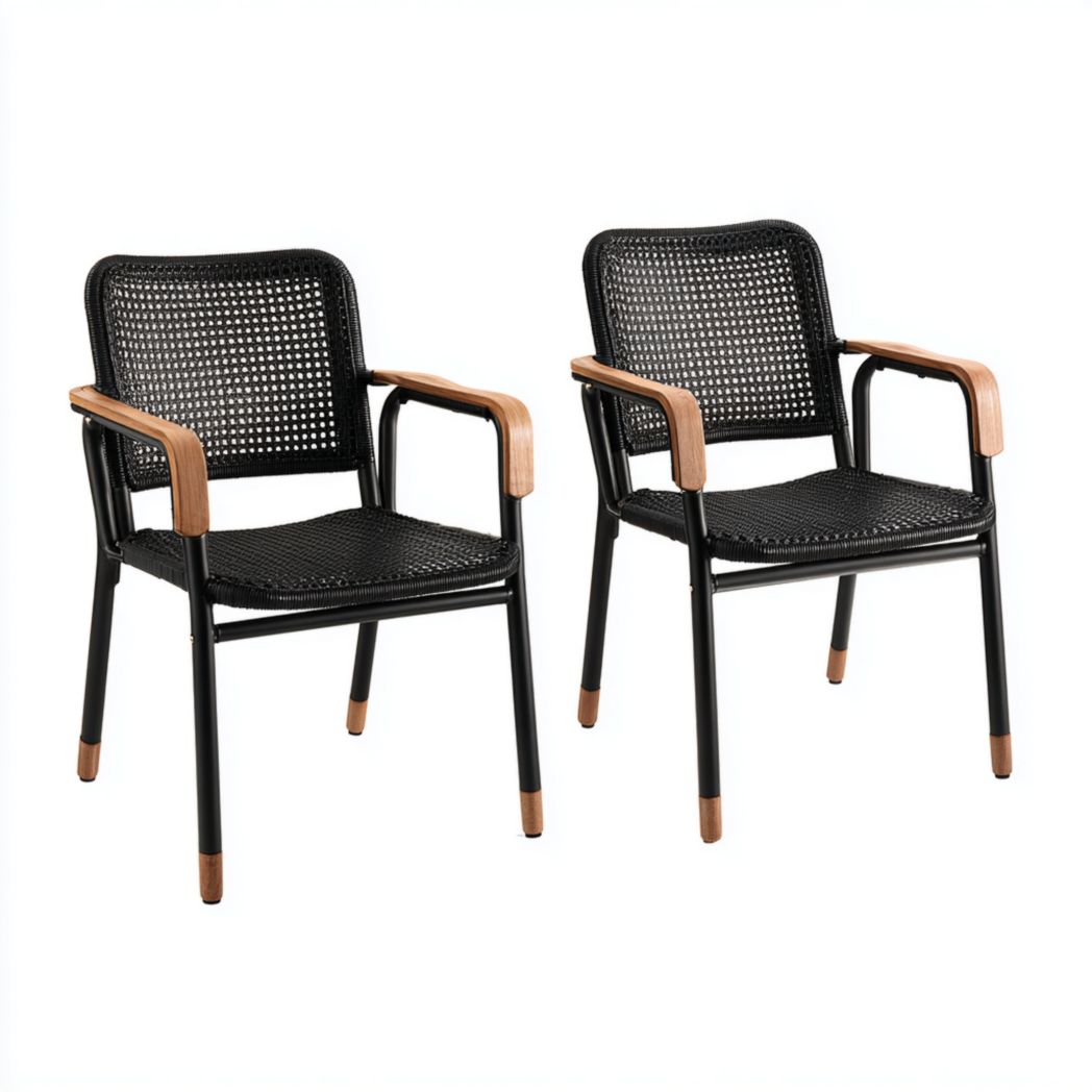 Lot de deux fauteuils de jardin en résine tressée noire avec accoudoirs décor bois