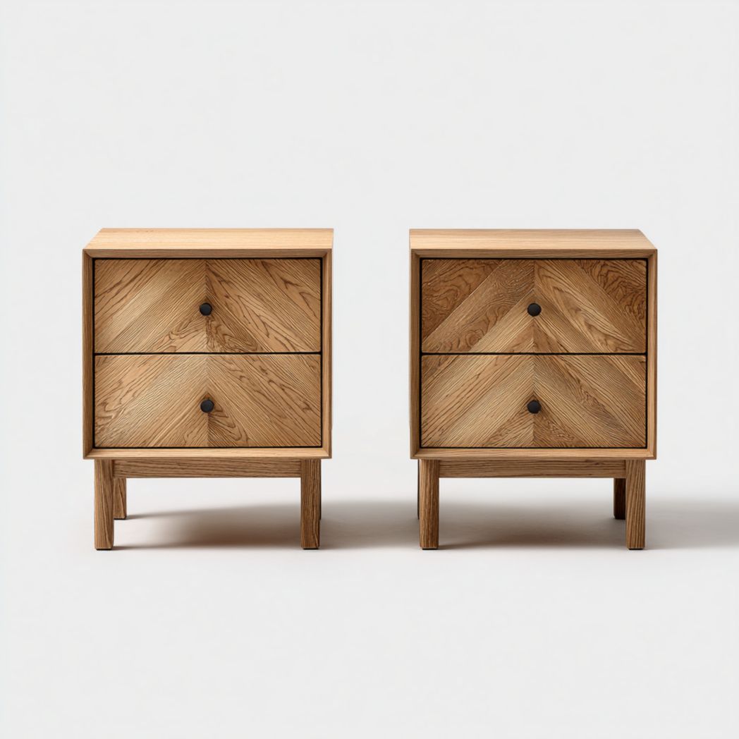 Lot de 2 tables de chevet carrées en bois naturel avec deux tiroirs