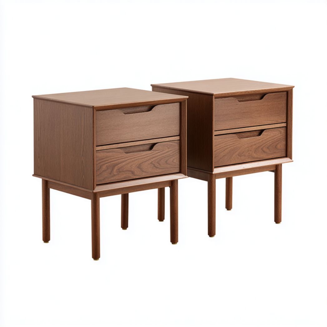 Lot de 2 tables de chevet carrées en bois couleur noyer avec deux tiroirs