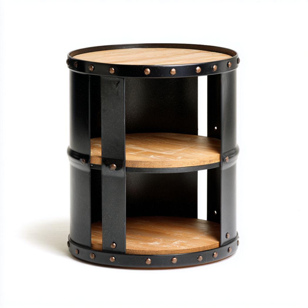 Table d’appoint ronde en métal noir avec double plateau en bois