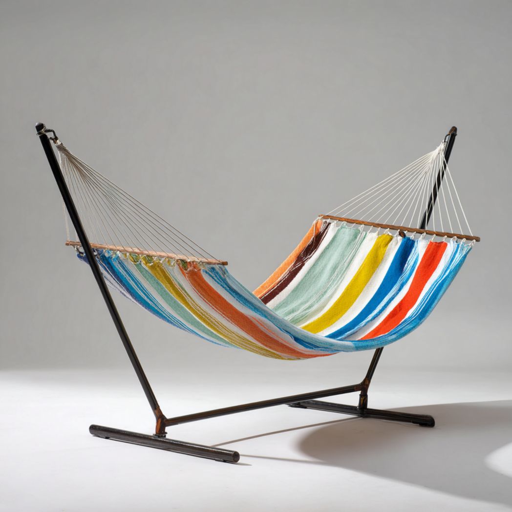 Hamac à rayures multicolores avec support métallique noir vertical