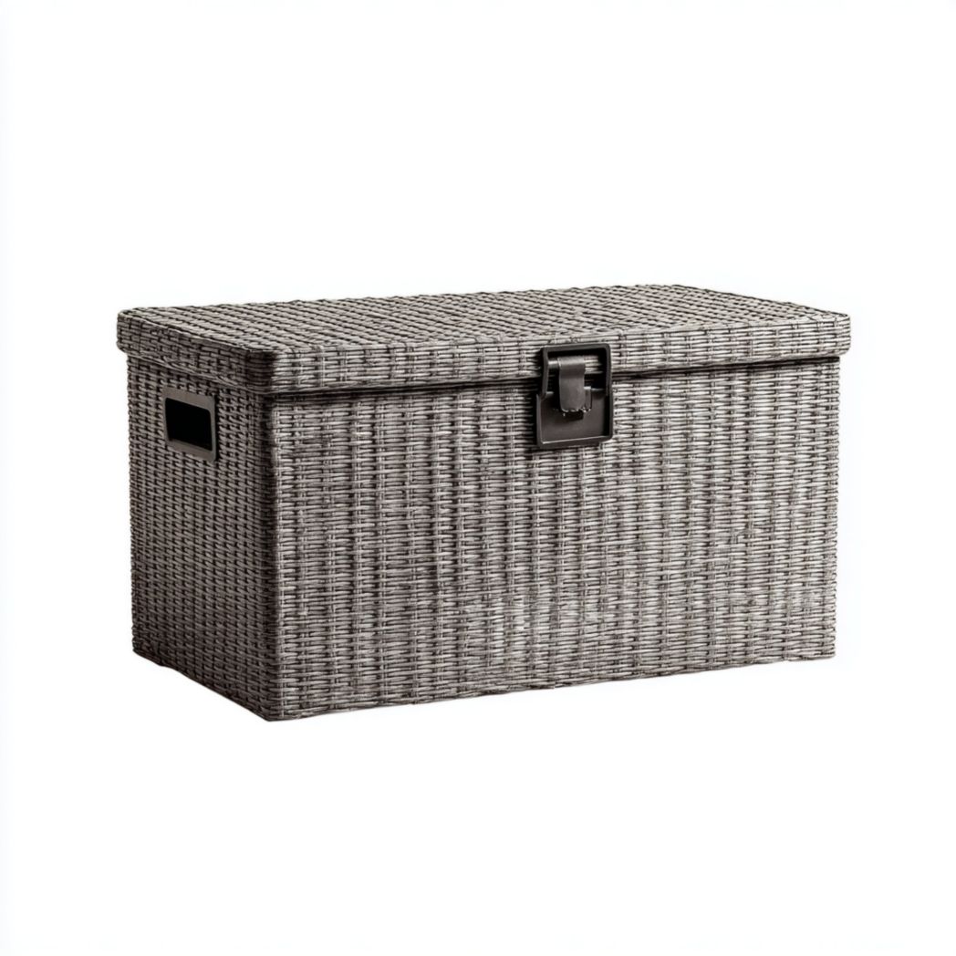Coffre de jardin rectangulaire en résine tressée grise avec fermeture métallique