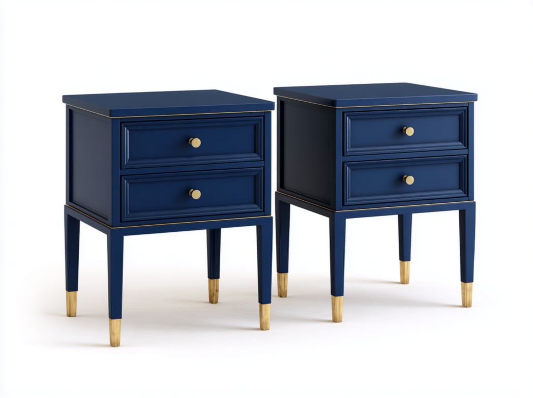 Lot de 2 tables de chevet en bois bleu avec 2 tiroirs et détails dorés
