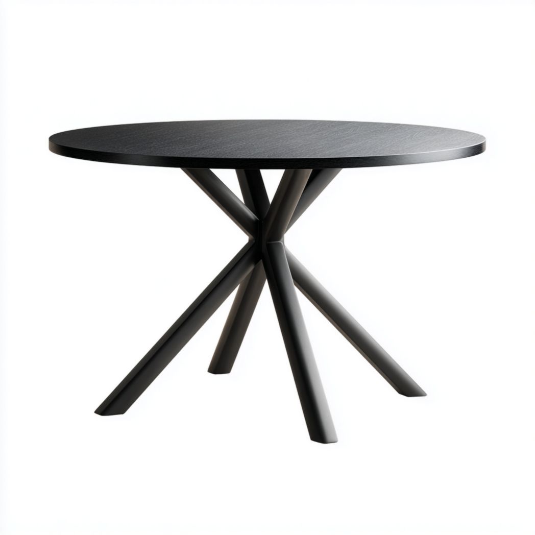 Table de jardin ronde avec plateau en bois foncé et pieds croisés en métal noir