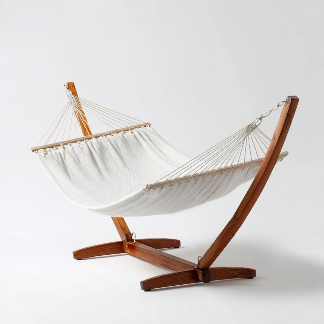Hamac en toile blanche avec support en bois et barres d’écartement