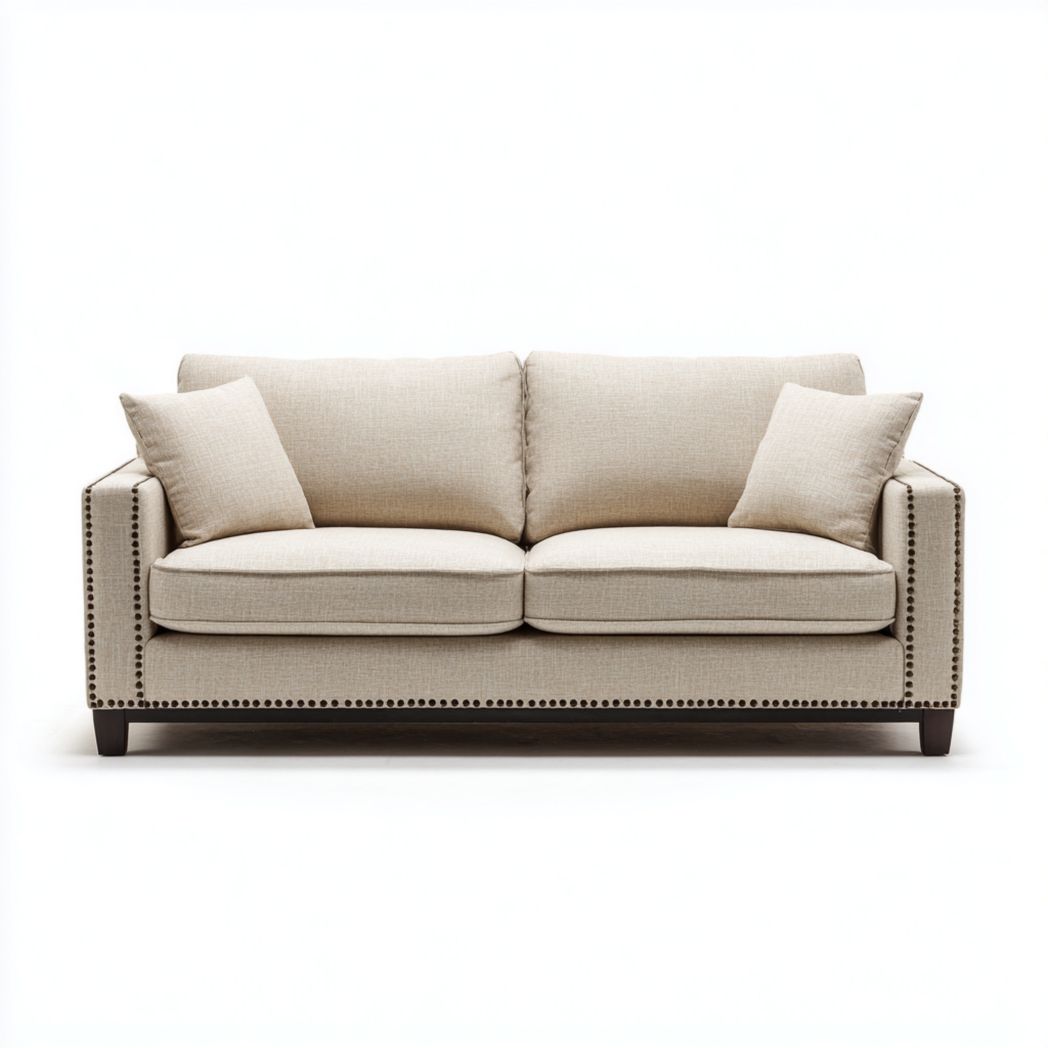 Canapé de jardin deux places en tissu beige avec coussins et détails cloutés