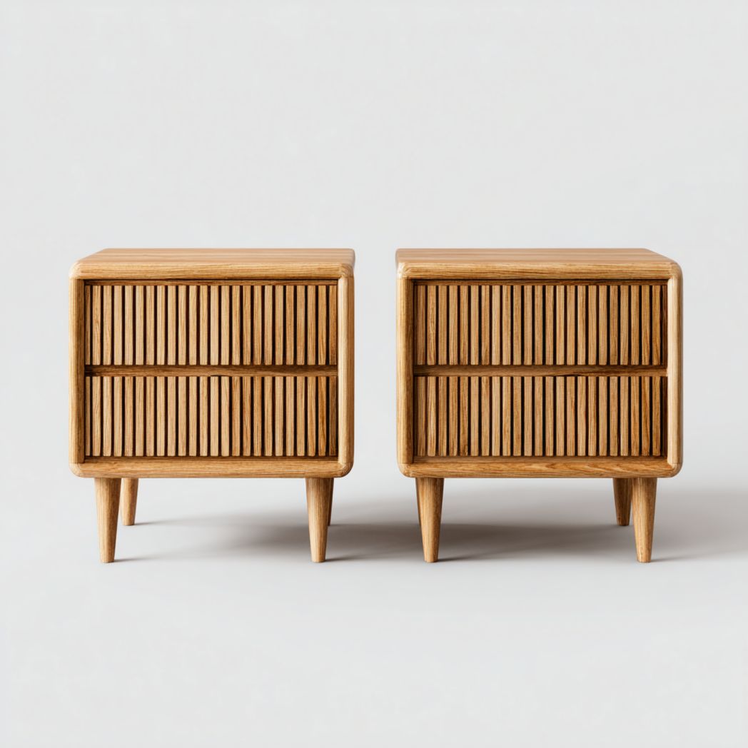 Lot de 2 tables de chevet en bois clair avec façades à rayures verticales et deux tiroirs