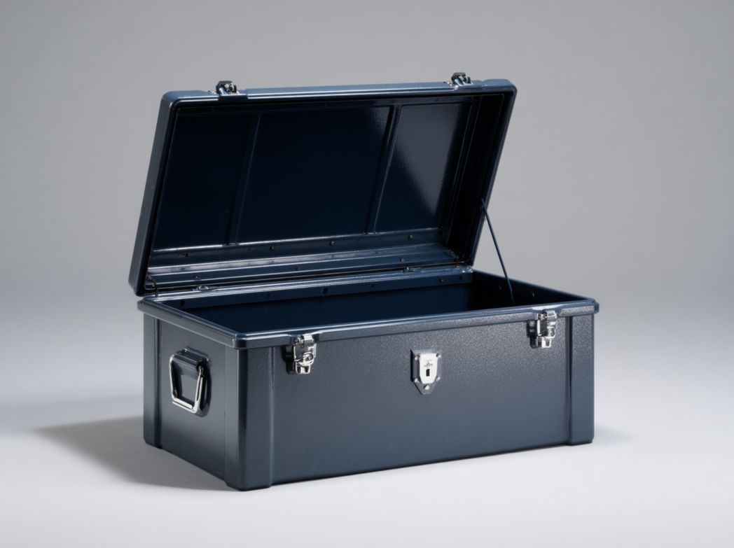 Coffre de jardin en métal bleu foncé avec couvercle rabattable, serrure et poignées latérales