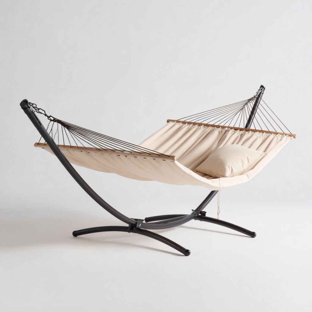Hamac en toile beige clair avec support arqué en métal noir et barres en bois
