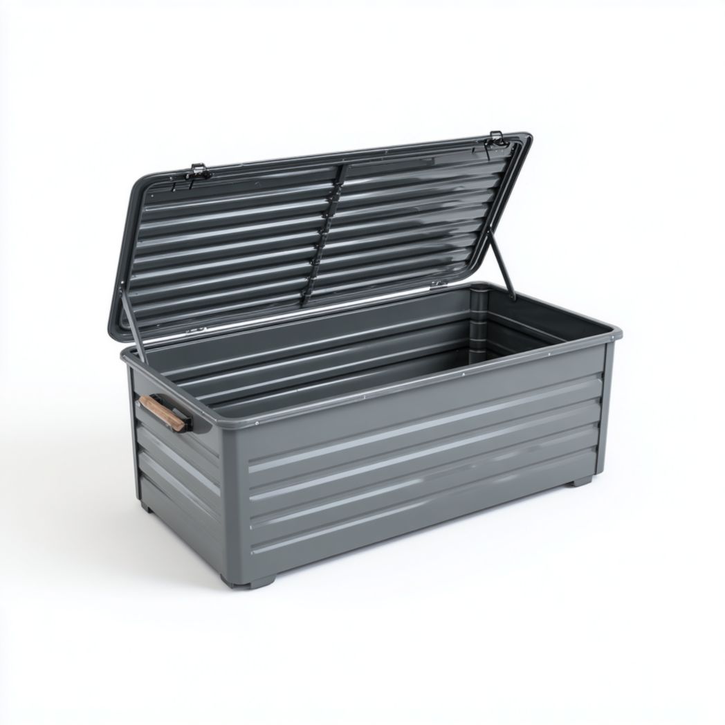 Coffre de jardin rectangulaire en métal gris avec couvercle rabattable et poignées latérales