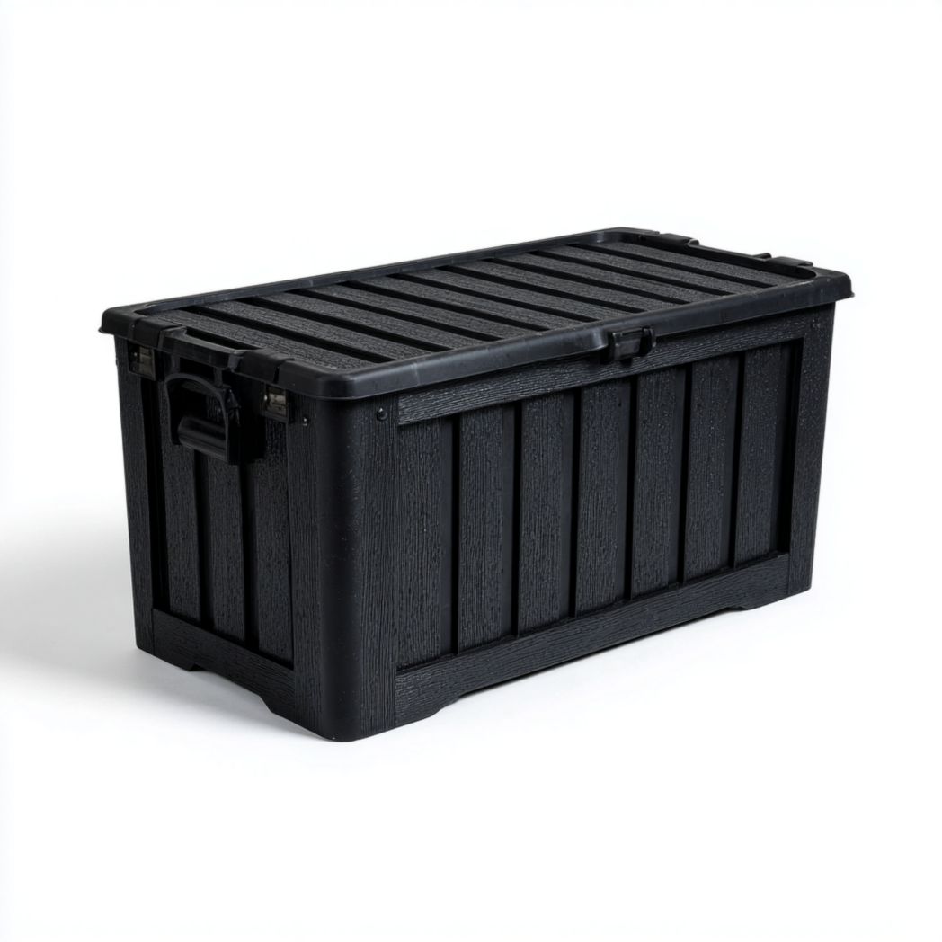 Coffre de jardin noir en plastique à couvercle basculant avec poignées
