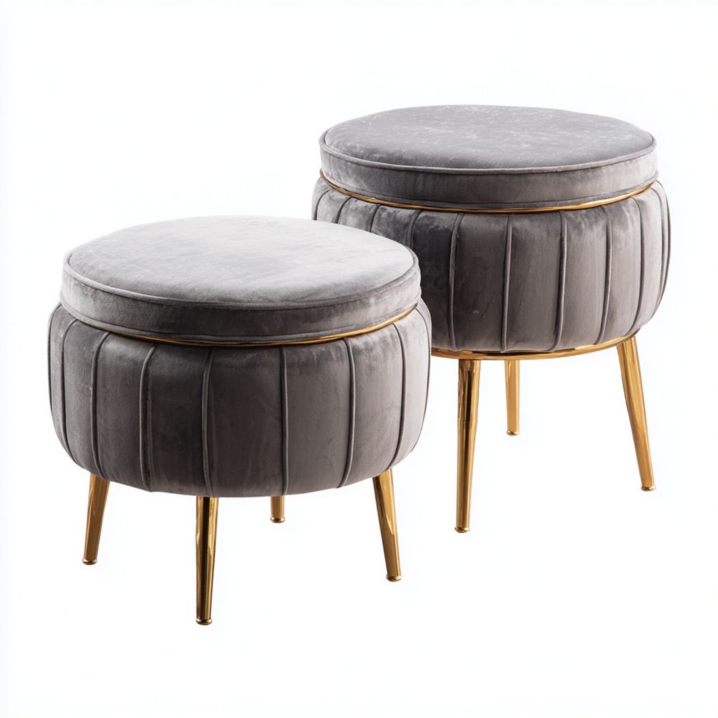 Deux tabourets ronds rembourrés gris avec pieds métalliques dorés