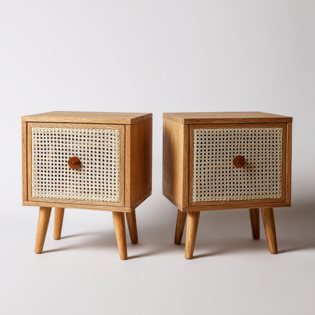 Lot de 2 tables de chevet en bois clair avec porte en cannage et poignée ronde