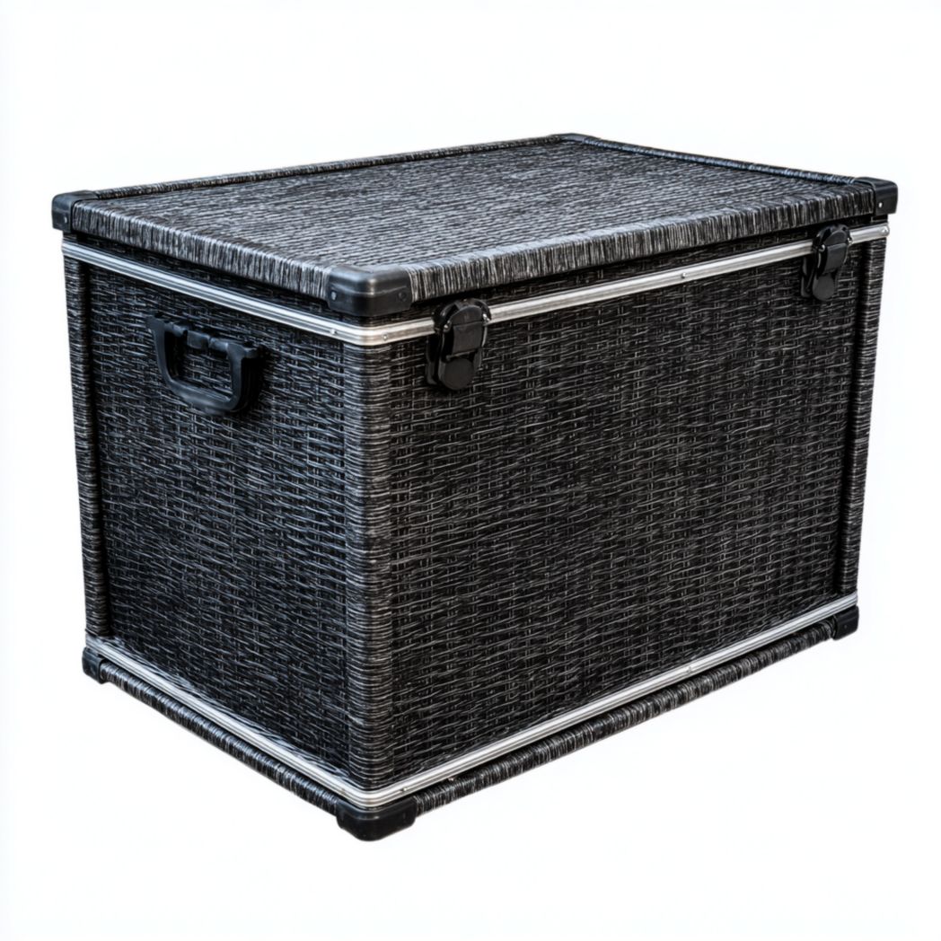 Coffre de jardin rectangulaire en plastique noir à effet tressé avec couvercle rabattable