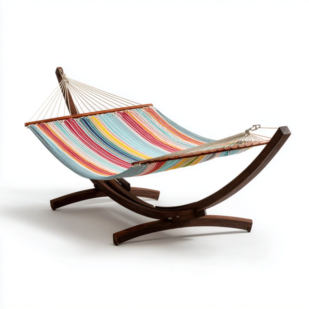 Hamac à rayures multicolores avec support en bois courbé