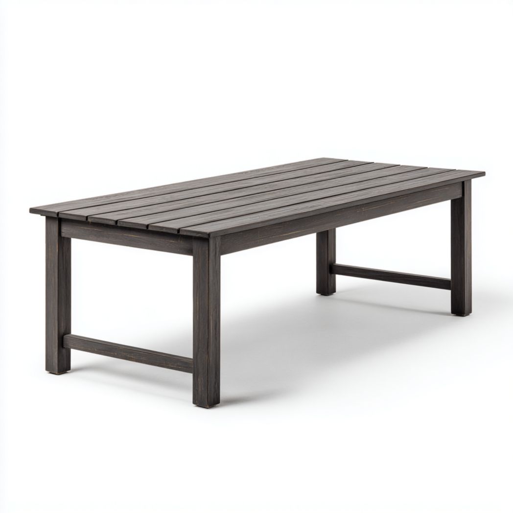 Table de jardin rectangulaire en bois foncé, plateau à lattes, pieds droits reliés