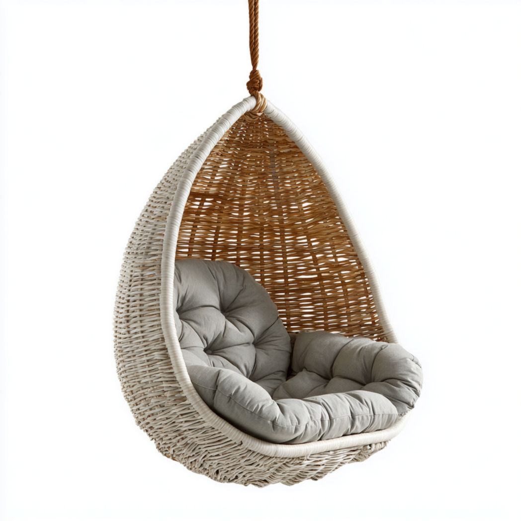 Fauteuil suspendu en rotin en forme d’œuf avec coussin gris clair