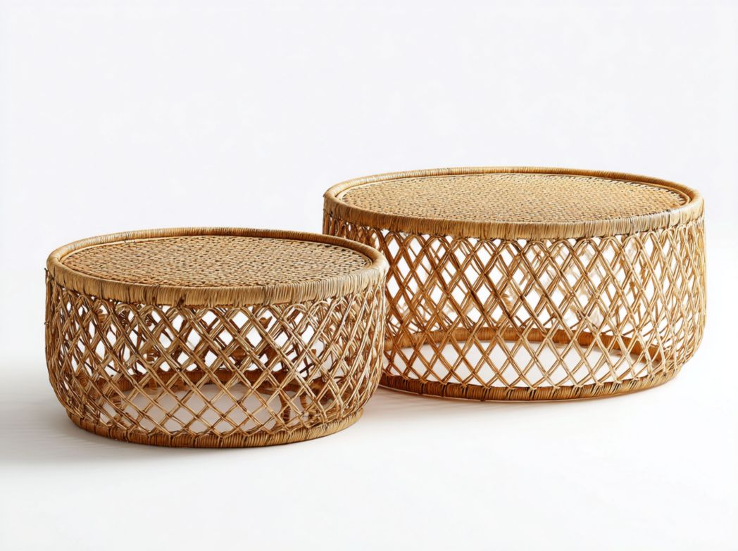 Ensemble de deux tables basses rondes en rotin avec structure ajourée