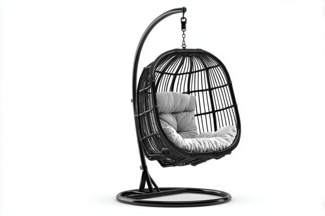 Fauteuil suspendu ovale en rotin noir avec support métallique et coussins gris