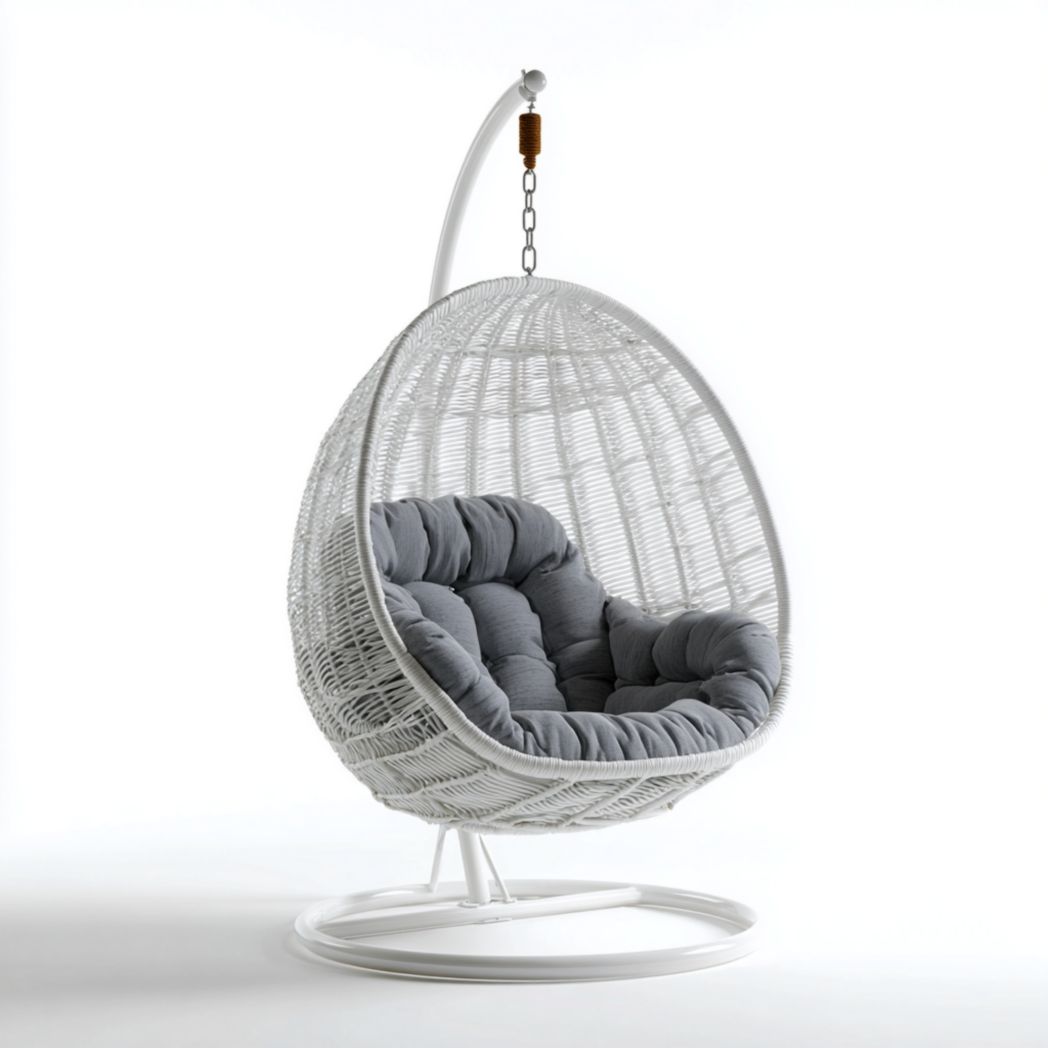 Fauteuil suspendu œuf en rotin blanc avec support métallique et coussins gris