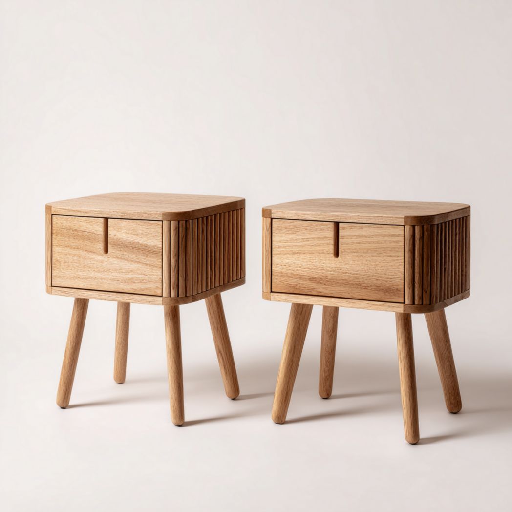 Lot de 2 tables de chevet en bois clair avec tiroir unique et coins arrondis