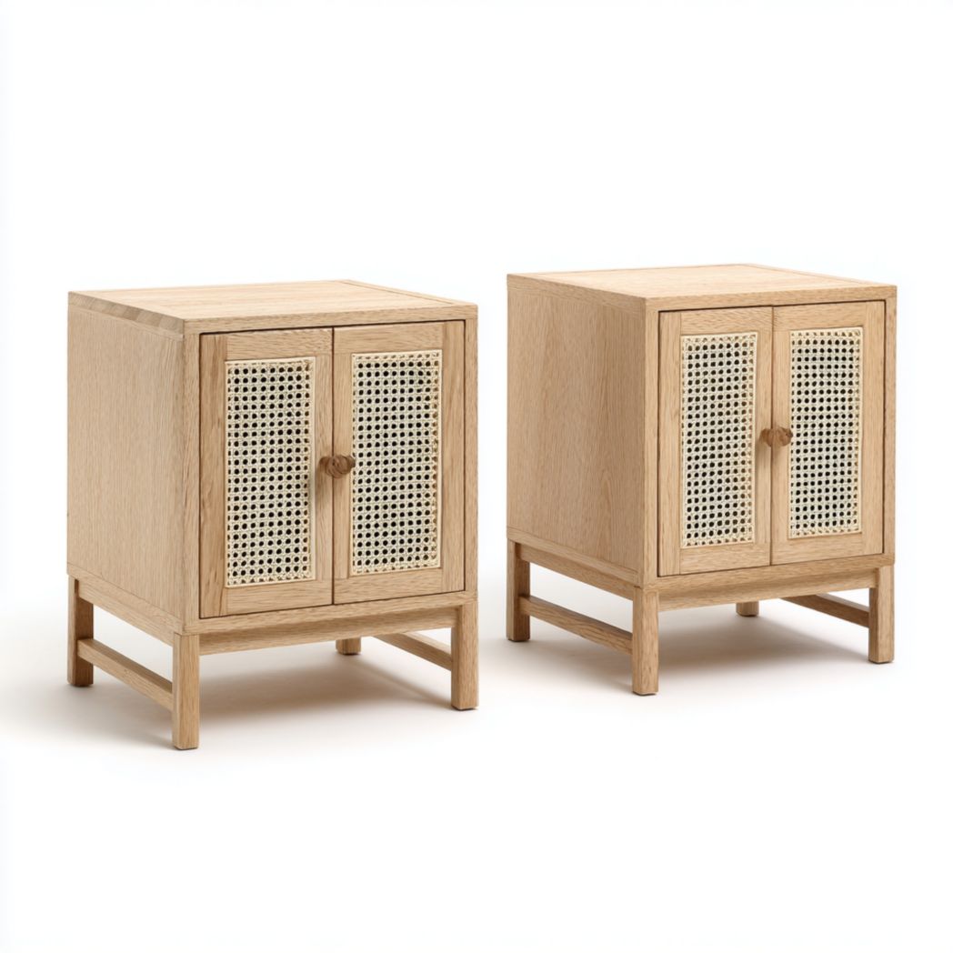 Lot de 2 tables de chevet en bois clair avec portes à double battant et façades en rotin