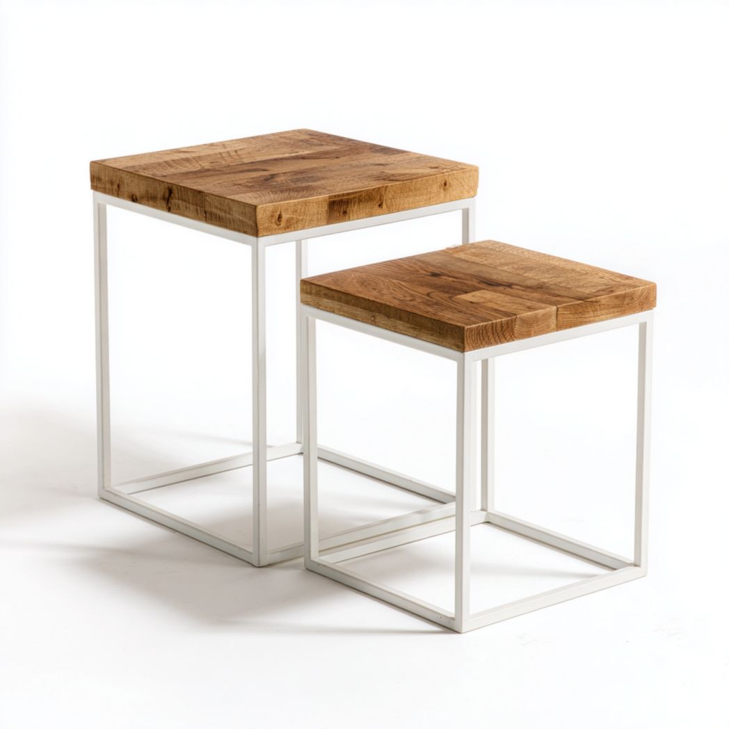Lot de 2 tables d’appoint carrées en bois brun et structure métallique blanche