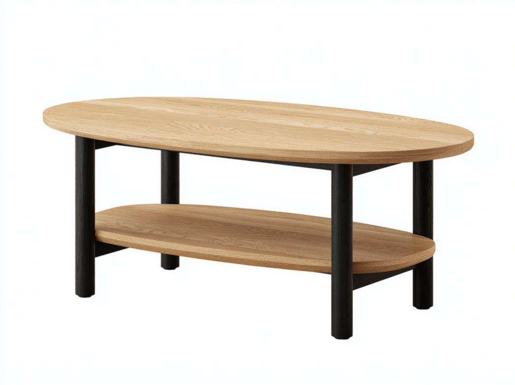 Table basse ovale en bois clair à double plateau avec piètement noir