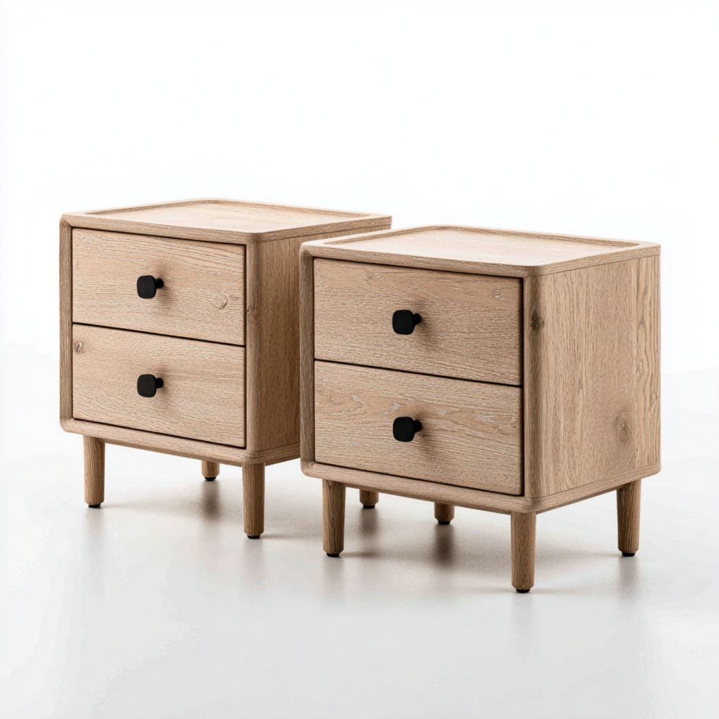 Lot de 2 tables de chevet en bois clair à 2 tiroirs avec poignées noires et structure carrée