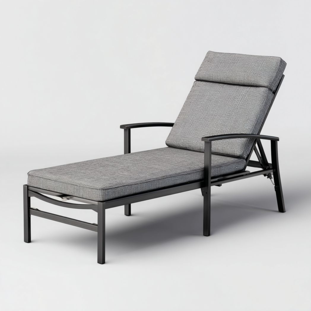 Bain de soleil en métal noir avec coussin gris et dossier réglable