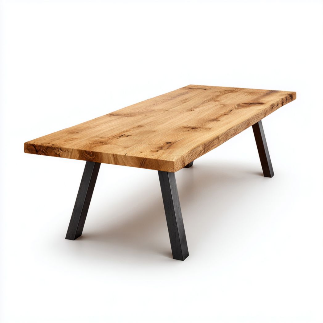 Table à manger rectangulaire plateau bois naturel pieds métalliques noirs inclinés