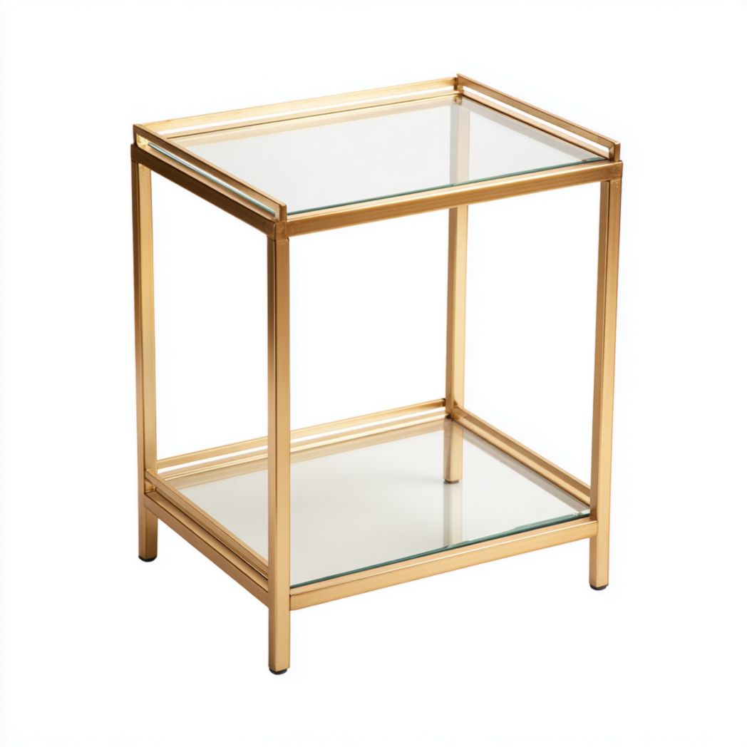 Table d’appoint rectangulaire en métal doré avec double plateau en verre