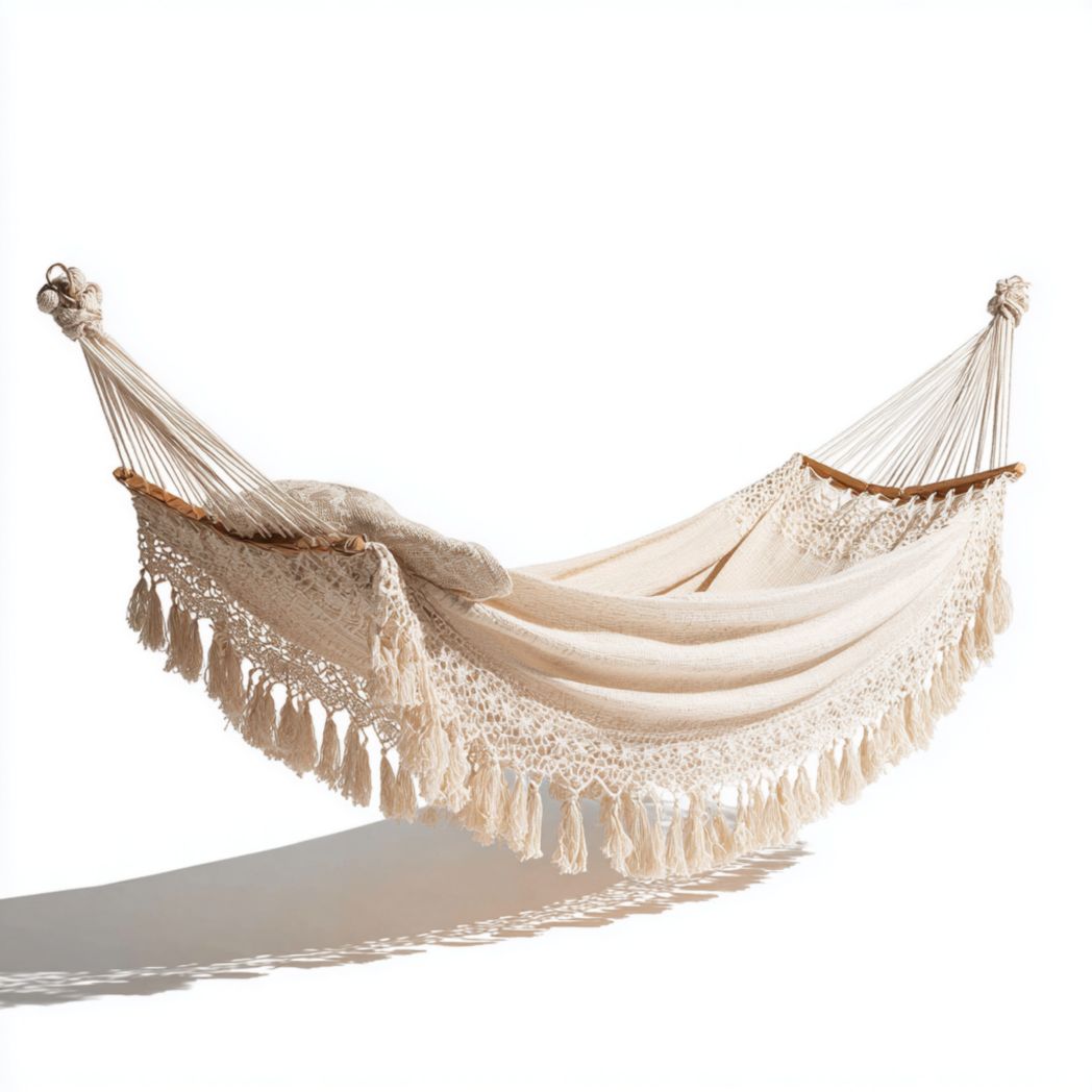 Hamac en tissu beige avec macramé et appui-tête