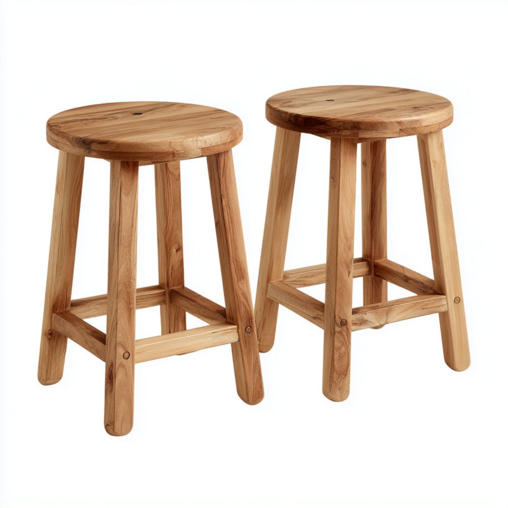 Lot de 2 tabourets hauts ronds en bois massif finition naturelle
