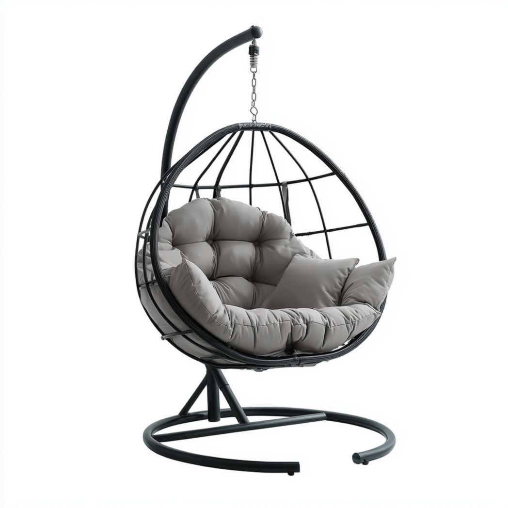 Fauteuil suspendu à structure métallique noire avec coussins gris