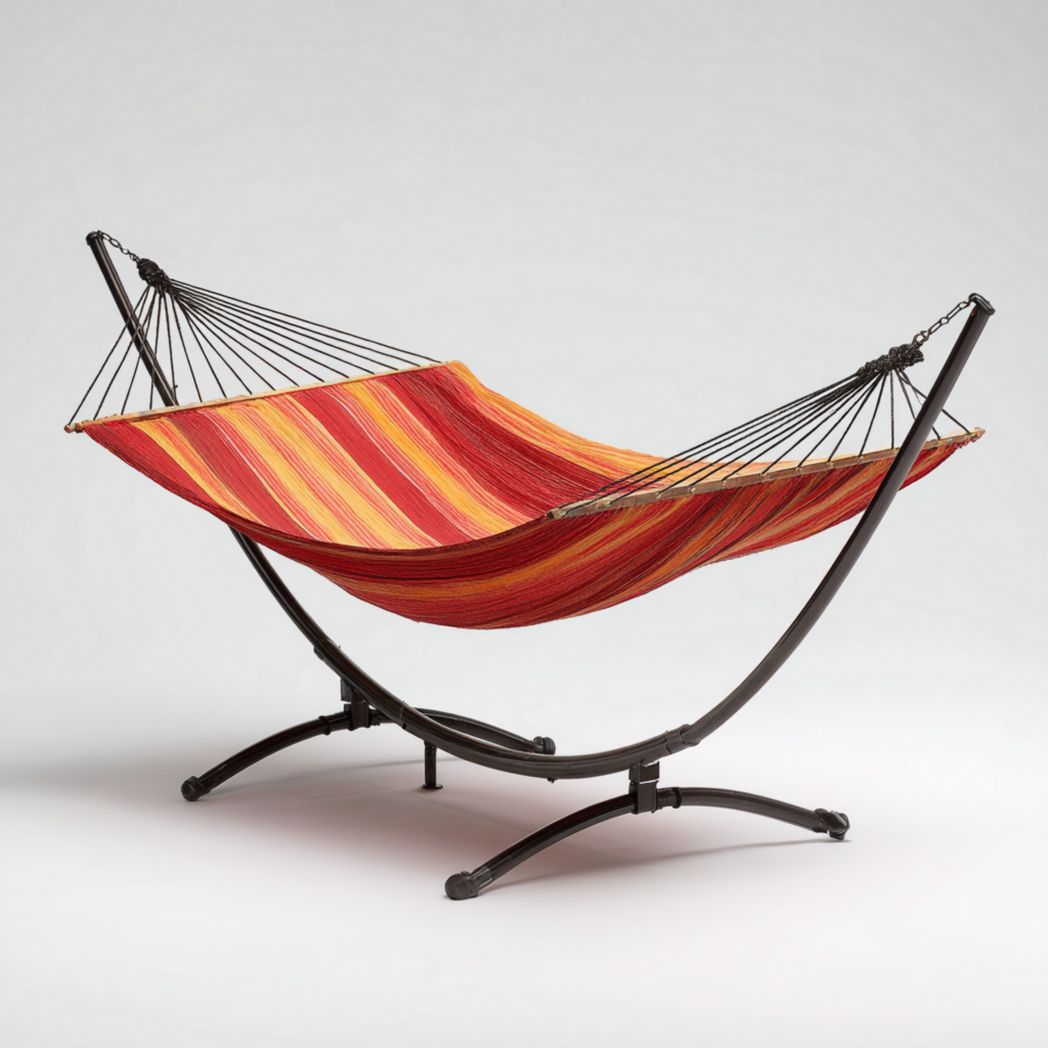 Hamac à rayures rouges et jaunes avec support métallique noir arqué