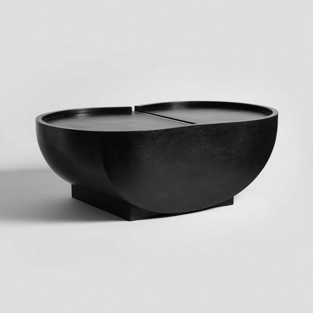 Table basse en bois noir semi-circulaire avec plateau double segment