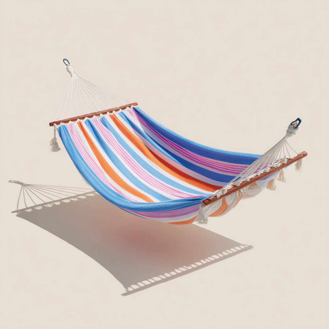 Hamac à rayures bleues, orange et roses avec barres en bois et cordes