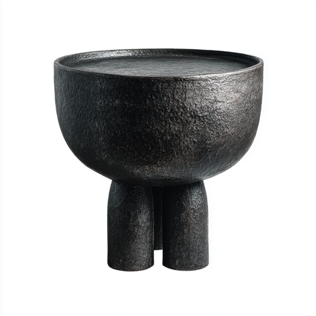 Table d’appoint ronde en métal noir à surface martelée avec trois pieds cylindriques