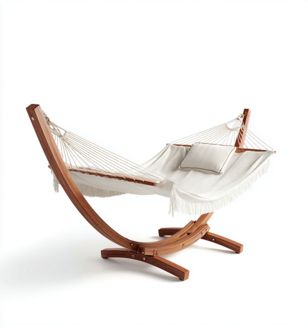 Hamac en tissu blanc cassé avec cadre incurvé en bois et appui-tête