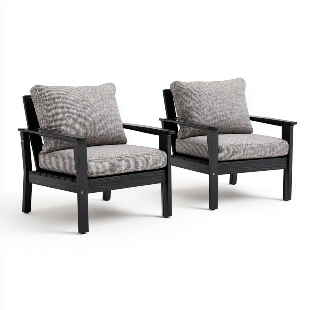 Lot de deux fauteuils de jardin structure noire avec coussins gris assise et dossier forme carrée