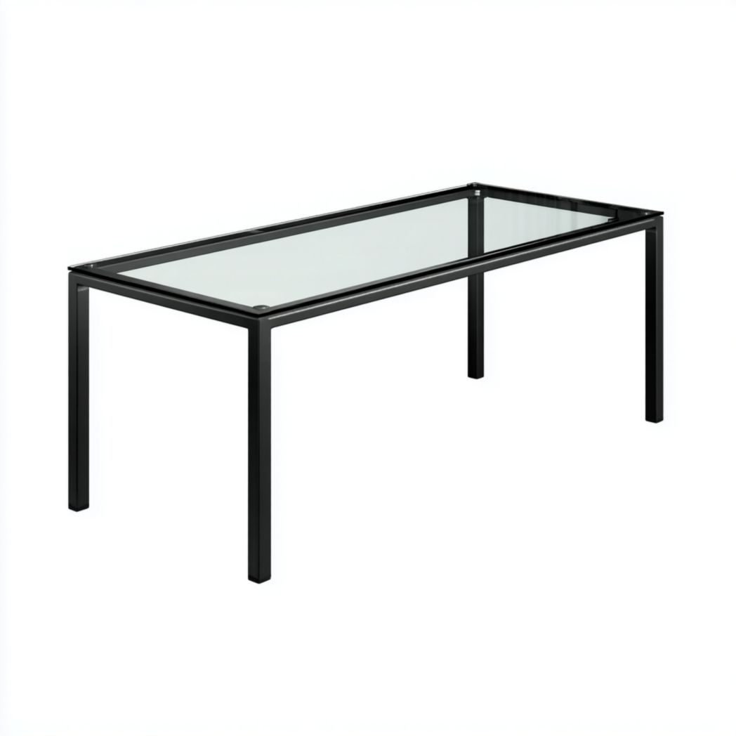 Table de jardin rectangulaire avec cadre en métal noir et plateau en verre trempé transparent