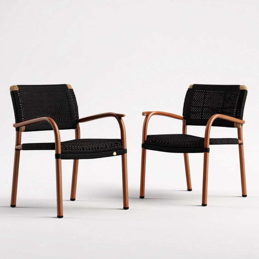 Lot de deux fauteuils de jardin avec assise et dossier tressés noirs, structure métallique brune