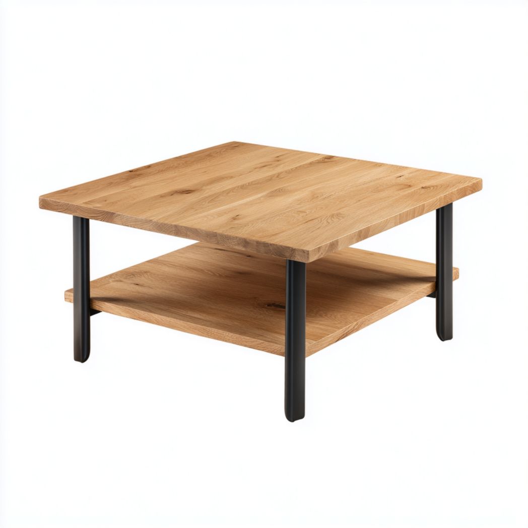 Table basse carrée en bois clair avec tablette inférieure et pieds cylindriques noirs
