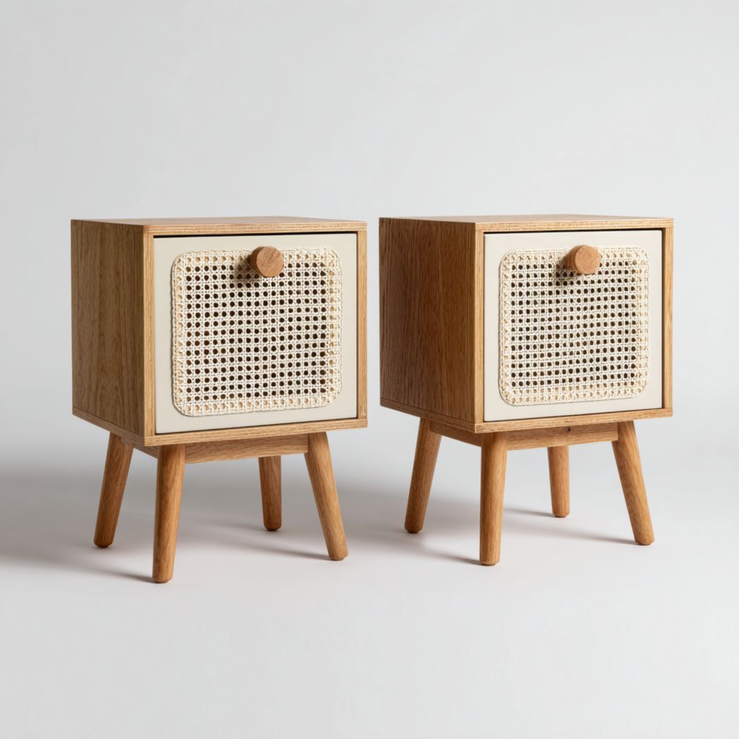 Lot de 2 tables de chevet carrées en bois clair avec porte en cannage et poignée ronde