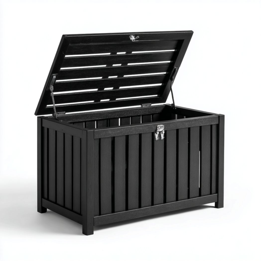 Coffre de jardin en bois noir à lattes verticales avec couvercle basculant