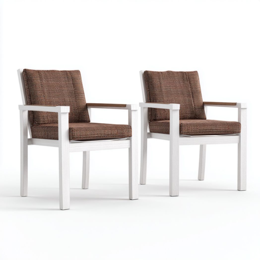 Lot de deux fauteuils de jardin en bois blanc avec coussins marron